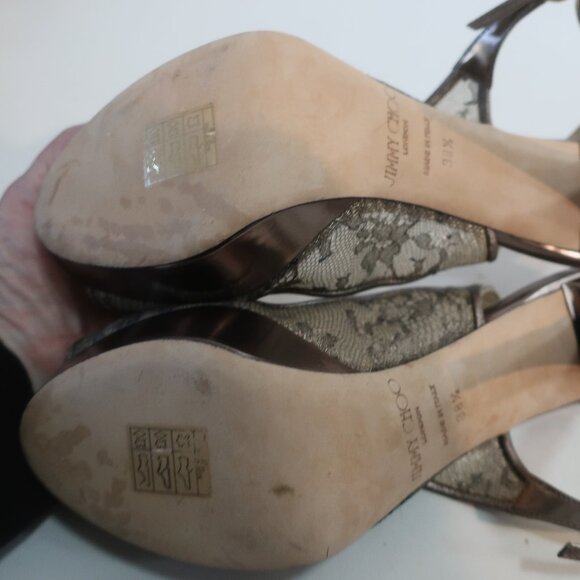 NWD Authentic Jimmy Choo Metallic Bronze Leather Lace Peep Toe Heels 38.5 US/8.5 - Picture 8 of 12